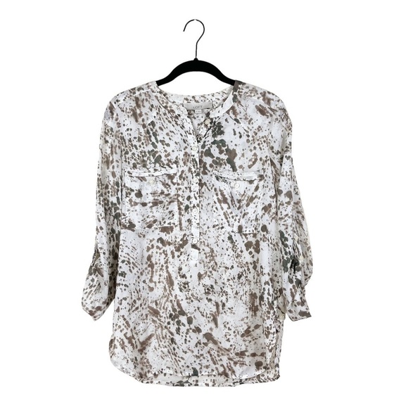 Loft Blouse Top Off White Brown Splatter Chiffon Button Up Casual Size XS - Picture 2 of 6